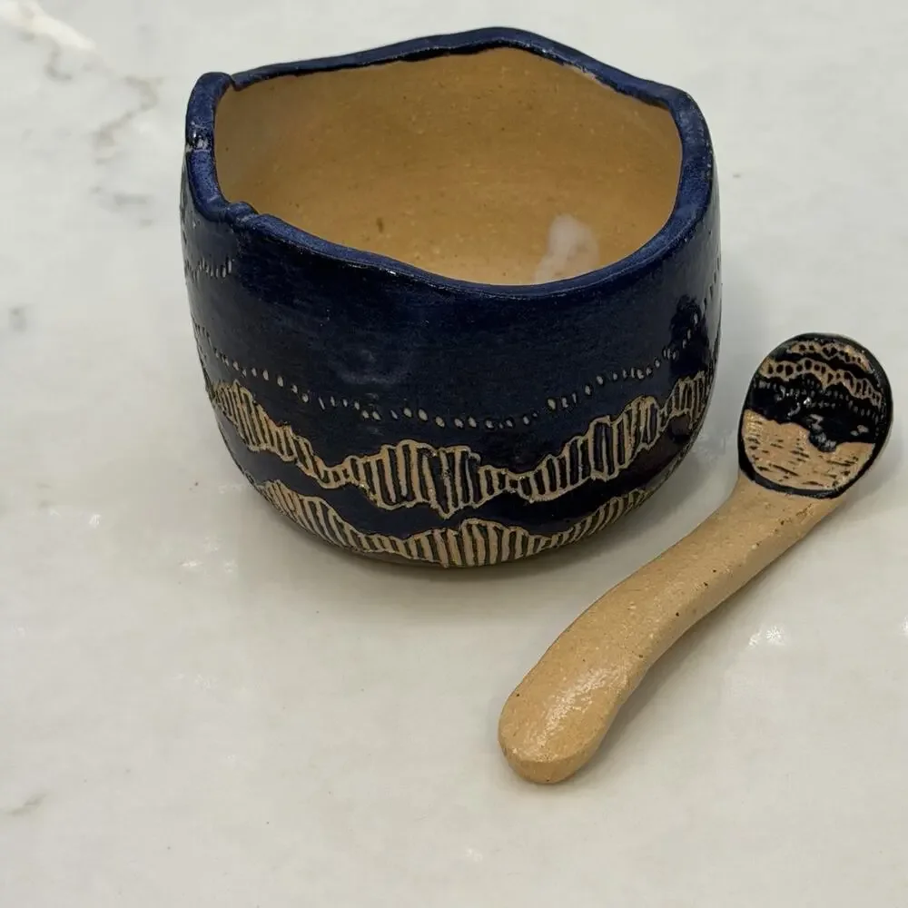 Sylvia Lawson NC Pottery Blue Sgrafitto Salt Cellar w Spoon Jar Pilot Mountain